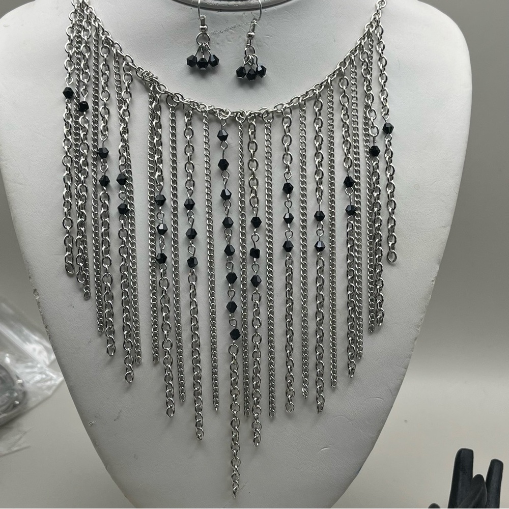 Elegant Silver and Black Fringe Necklace and Earring Set